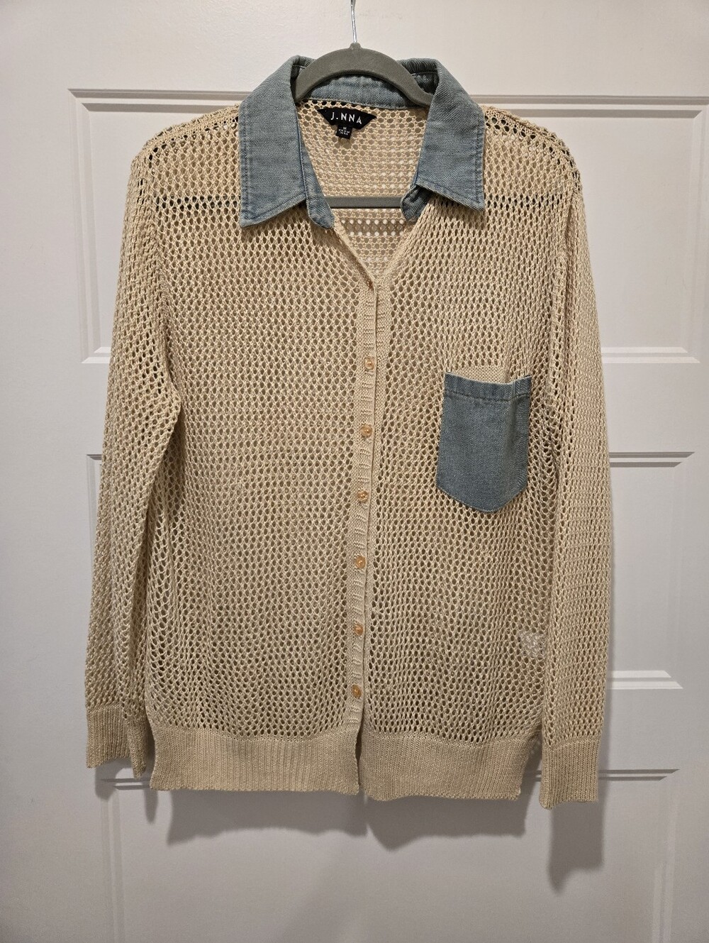 J.anna Cream Open-Knit Button Cardigan with Chambray Collar